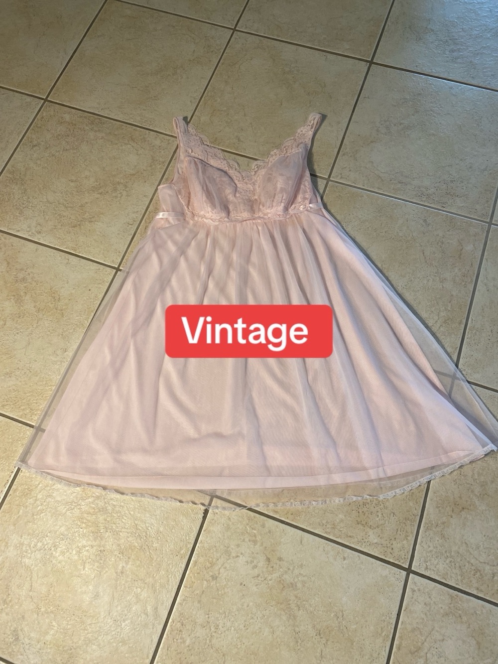 Vintage Pale Pink Tulle Midi Dress with Lace Bodice